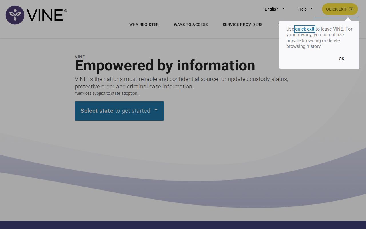 Hawaii arrest custody alert registration screen on VINELink