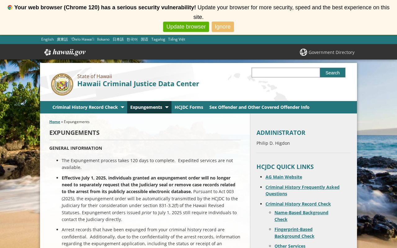 Hawaii arrest record expungement forms and processing information