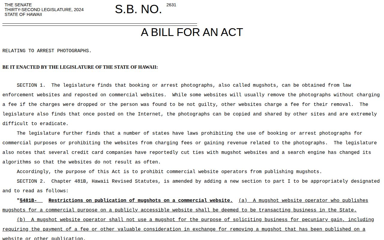 Hawaii arrest photo bill proposal from the 2024 Legislature