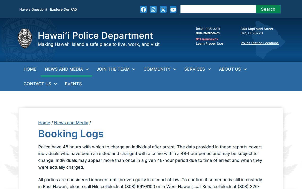Hawaii County recent arrests: official rolling booking-log page