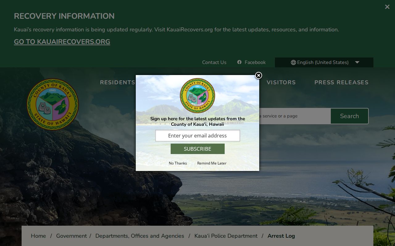 Hawaii arrest-report access page, Kauai Police daily log with signup window