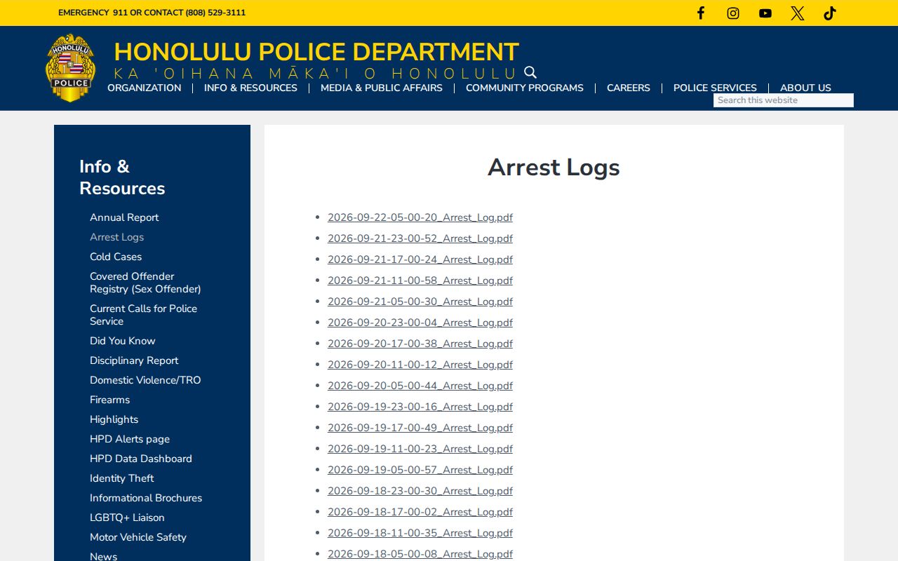 Honolulu recent arrests: dated official arrest-log PDF list