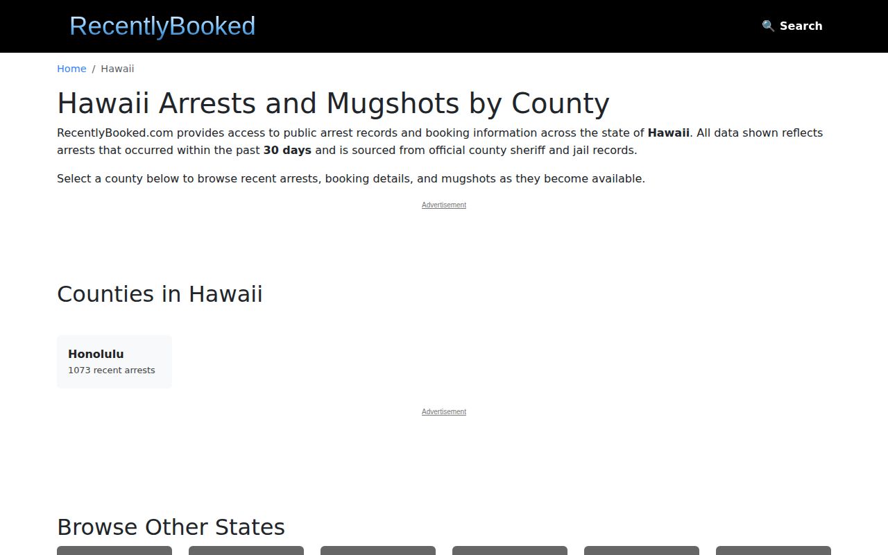 Unofficial Hawaii arrest-site state landing page, without person-level results