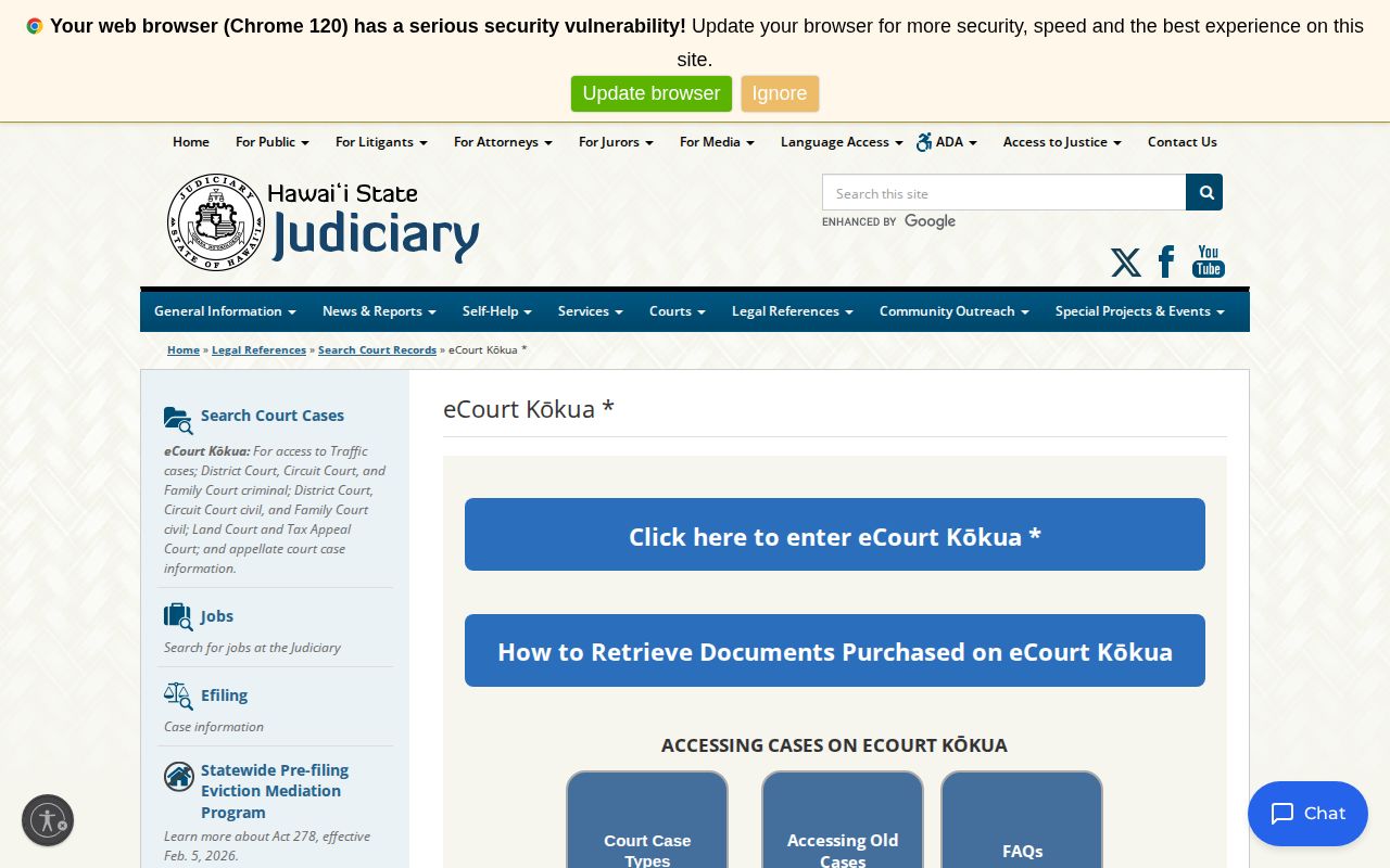 Hawaii court case access page for public eCourt Kōkua records